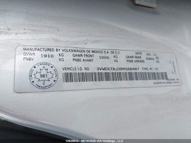 12629633 :رقم المزاد ، 3VWDX7AJ3BM368487 vin ، 2011 Volkswagen Jetta Se مزاد بيع