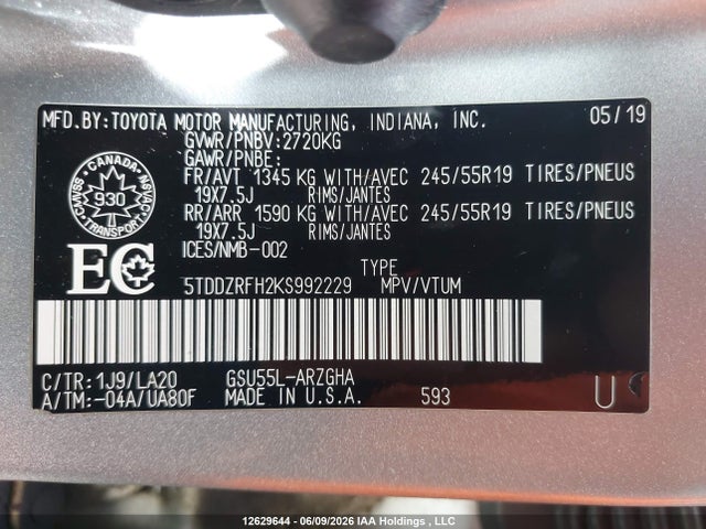 2019 Toyota Highlander Limited/ltd Platinum მანქანა იყიდება აუქციონზე, vin: 5TDDZRFH2KS992229, აუქციონის ნომერი: 12629644