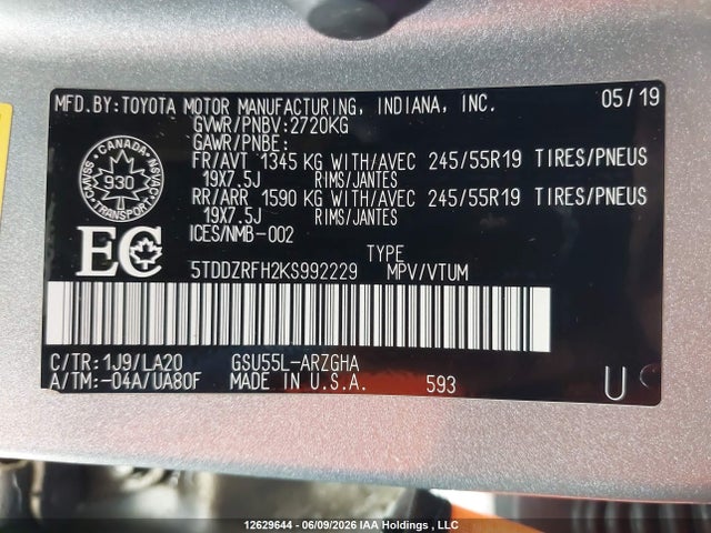 2019 Toyota Highlander Limited/ltd Platinum მანქანა იყიდება აუქციონზე, vin: 5TDDZRFH2KS992229, აუქციონის ნომერი: 12629644