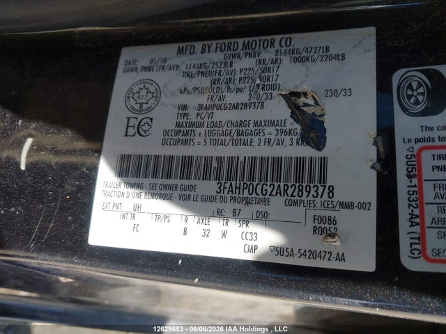 Продажа на аукционе авто 2010 Ford Fusion Sel, vin: 3FAHP0CG2AR289378, номер лота: 12629653