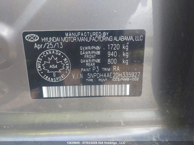 2013 Hyundai Elantra Gl მანქანა იყიდება აუქციონზე, vin: 5NPDH4AE2DH335927, აუქციონის ნომერი: 12629655