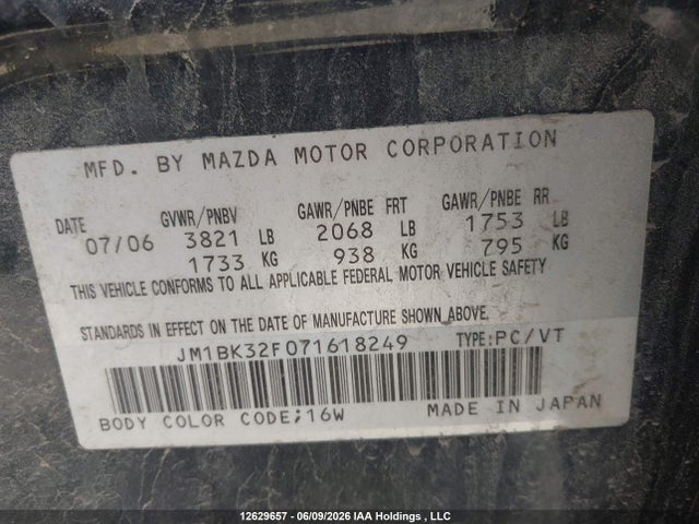 2007 Mazda Mazda3 I Sport მანქანა იყიდება აუქციონზე, vin: JM1BK32F071618249, აუქციონის ნომერი: 12629657