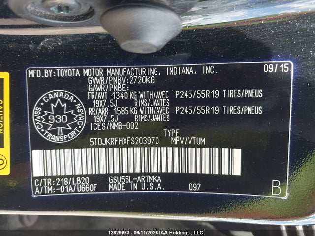 5TDJKRFHXFS203970 Toyota Highlander Xle