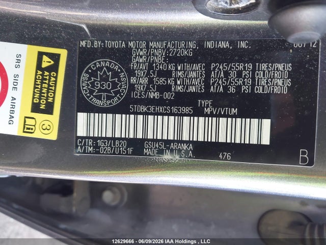 12629666 :رقم المزاد ، 5TDBK3EHXCS163985 vin ، 2012 Toyota Highlander V6 مزاد بيع