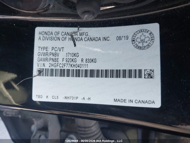 2HGFC2F77KH040111 Honda CIVIC EX