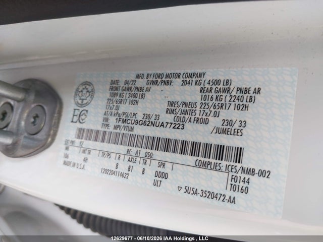 Продажа на аукционе авто 2022 Ford Escape Se, vin: 1FMCU9G62NUA77223, номер лота: 12629677