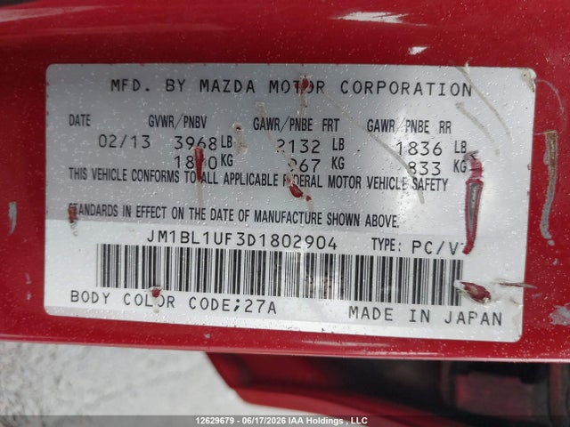 12629679 :رقم المزاد ، JM1BL1UF3D1802904 vin ، 2013 Mazda Mazda3 Gx مزاد بيع
