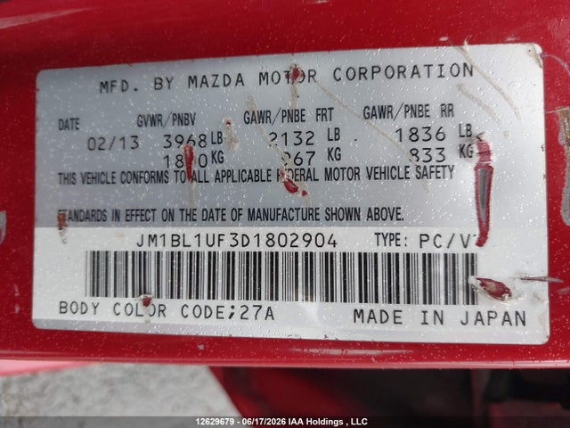 12629679 :رقم المزاد ، JM1BL1UF3D1802904 vin ، 2013 Mazda Mazda3 Gx مزاد بيع