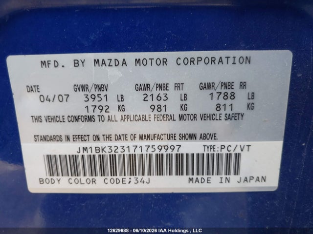 2007 Mazda Mazda3 მანქანა იყიდება აუქციონზე, vin: JM1BK323171759997, აუქციონის ნომერი: 12629688