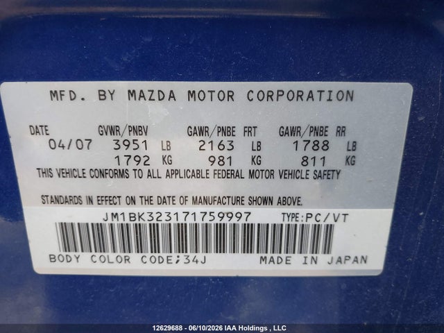 2007 Mazda Mazda3 მანქანა იყიდება აუქციონზე, vin: JM1BK323171759997, აუქციონის ნომერი: 12629688
