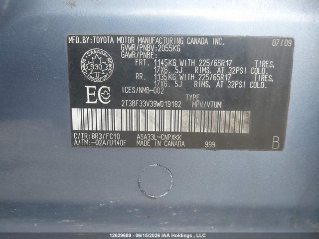 2009 Toyota Rav4 მანქანა იყიდება აუქციონზე, vin: 2T3BF33V39W019182, აუქციონის ნომერი: 12629689