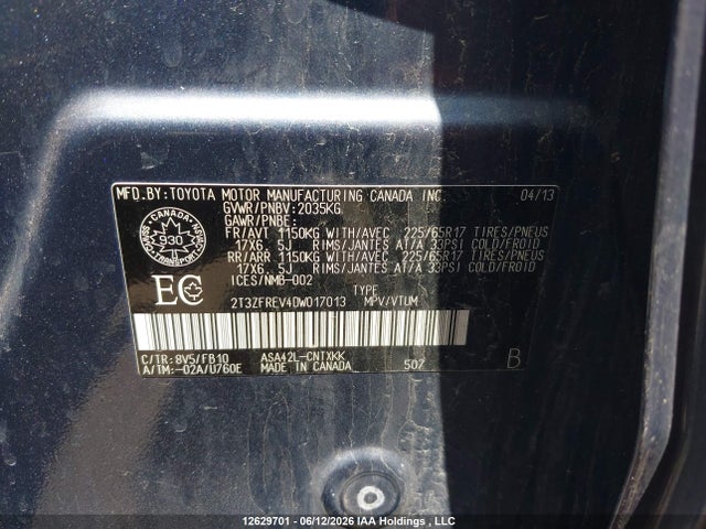 2013 Toyota Rav4 მანქანა იყიდება აუქციონზე, vin: 2T3ZFREV4DW017013, აუქციონის ნომერი: 12629701