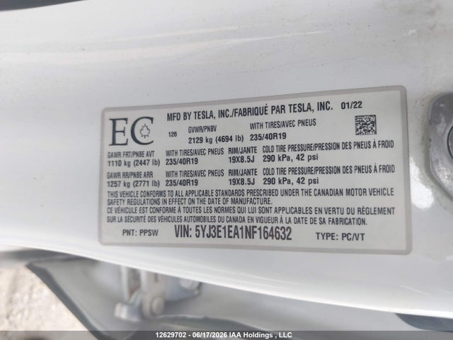 2022 Tesla Model 3 Rwd/standard Range მანქანა იყიდება აუქციონზე, vin: 5YJ3E1EA1NF164632, აუქციონის ნომერი: 12629702