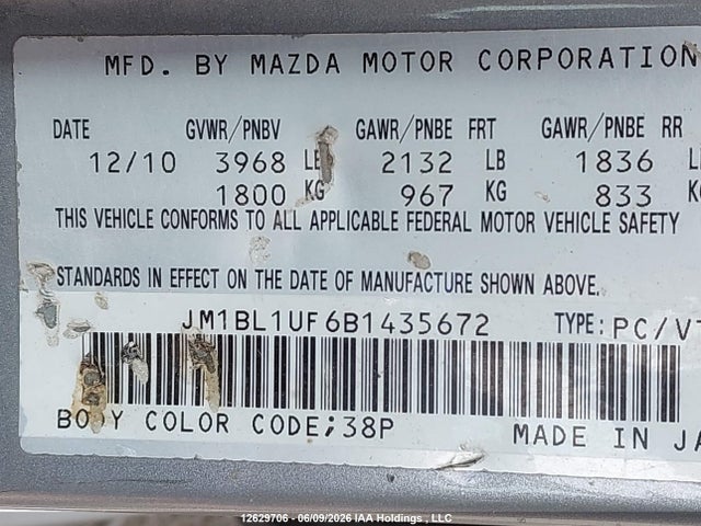 Aukcja sprzedaży 2011 Mazda Mazda3 Gx, vin: JM1BL1UF6B1435672, numer aukcji: 12629706