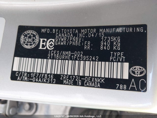 2015 Toyota Corolla L/le/le Pls/prm/s/s Pls მანქანა იყიდება აუქციონზე, vin: 2T1BURHE1FC395242, აუქციონის ნომერი: 12629707