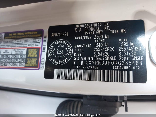 2024 Kia Sorento Sx/x-line Sx Prestige/x-pro Sx Prestige მანქანა იყიდება აუქციონზე, vin: 5XYRKDJF0RG285463, აუქციონის ნომერი: 12629712