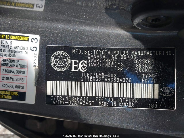 12629715 :رقم المزاد ، 2T1BR32E66C694376 vin ، 2006 Toyota Corolla Ce/le/s مزاد بيع