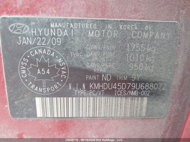 12629718 :رقم المزاد ، KMHDU45D79U688072 vin ، 2009 Hyundai Elantra مزاد بيع