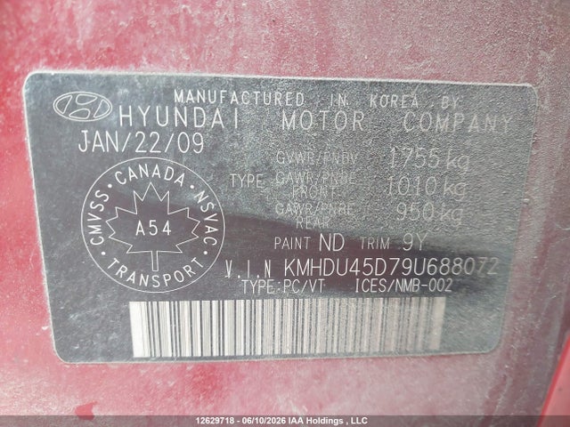 12629718 :رقم المزاد ، KMHDU45D79U688072 vin ، 2009 Hyundai Elantra مزاد بيع