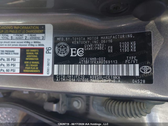 2017 Toyota Camry Le/xle/se/xse მანქანა იყიდება აუქციონზე, vin: 4T1BF1FKXHU269113, აუქციონის ნომერი: 12629719
