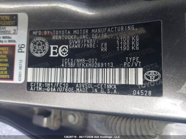 2017 Toyota Camry Le/xle/se/xse მანქანა იყიდება აუქციონზე, vin: 4T1BF1FKXHU269113, აუქციონის ნომერი: 12629719