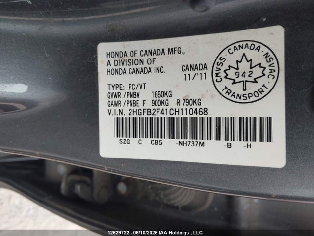 Продажа на аукционе авто 2012 Honda Civic, vin: 2HGFB2F41CH110468, номер лота: 12629722