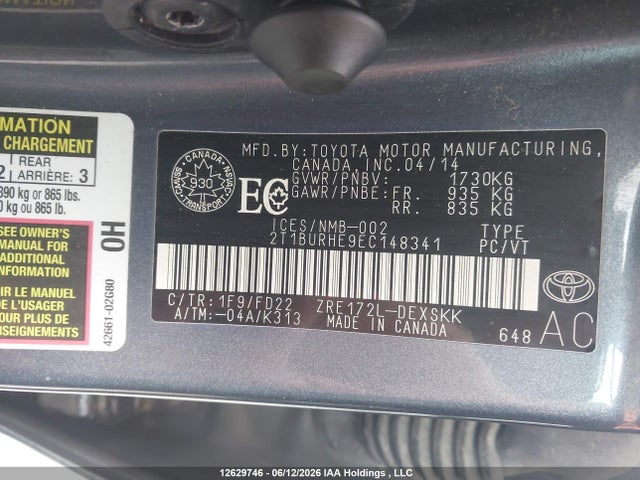 2T1BURHE9EC148341 Toyota Corolla