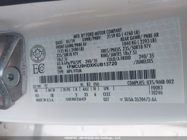 Ford ESCAPE SEL 2019 1FMCU9HDXKUB13720 Image 9