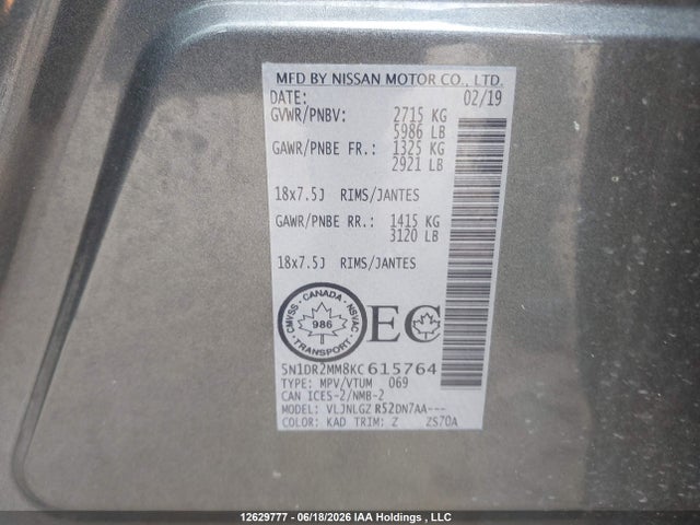 Aukcja sprzedaży 2019 Nissan Pathfinder S/sl/sv/platinum, vin: 5N1DR2MM8KC615764, numer aukcji: 12629777