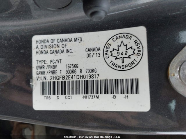 Aukcja sprzedaży 2013 Honda Civic Lx, vin: 2HGFB2E41DH019817, numer aukcji: 12629781