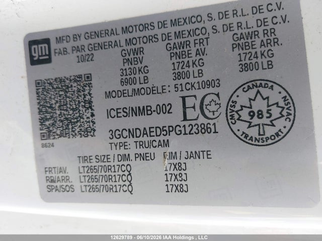 12629789 :رقم المزاد ، 3GCNDAED5PG123861 vin ، 2023 Chevrolet Silverado K1500 مزاد بيع