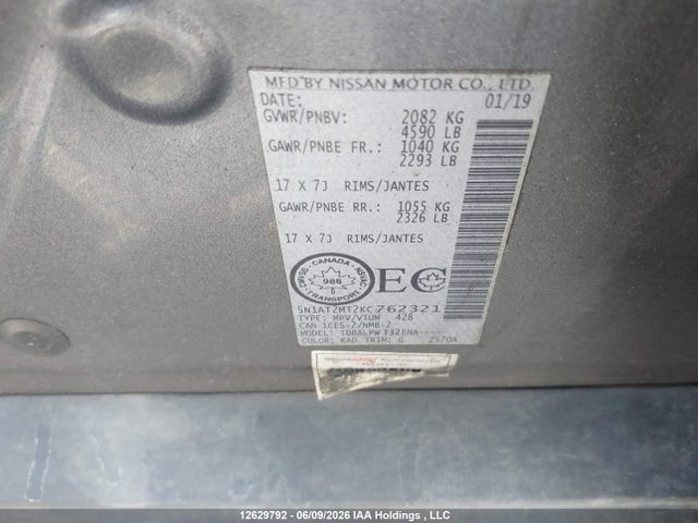 Aukcja sprzedaży 2019 Nissan Rogue S/sl/sv, vin: 5N1AT2MT2KC762321, numer aukcji: 12629792