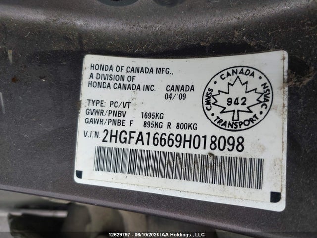Aukcja sprzedaży 2009 Honda Civic Sport, vin: 2HGFA16669H018098, numer aukcji: 12629797