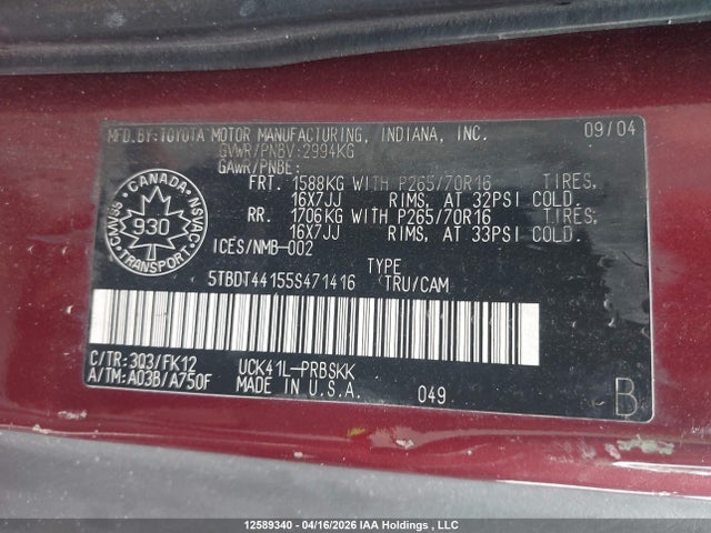 2005 Toyota Tundra Sr5 V8 მანქანა იყიდება აუქციონზე, vin: 5TBDT44155S471416, აუქციონის ნომერი: 12589340