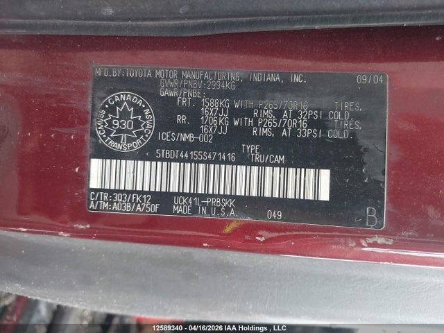 2005 Toyota Tundra Sr5 V8 მანქანა იყიდება აუქციონზე, vin: 5TBDT44155S471416, აუქციონის ნომერი: 12589340