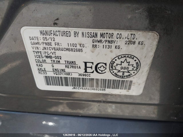 Aukcja sprzedaży 2012 Infiniti G37x, vin: JN1CV6AR4CM682685, numer aukcji: 12629816