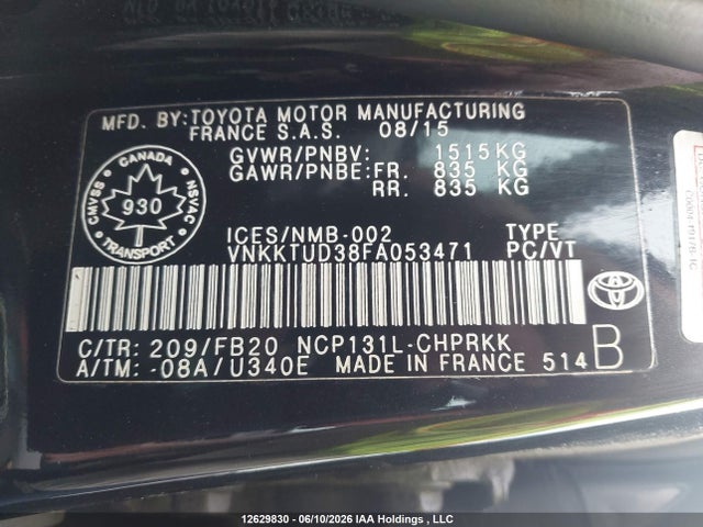 Aukcja sprzedaży 2015 Toyota Yaris Le, vin: VNKKTUD38FA053471, numer aukcji: 12629830