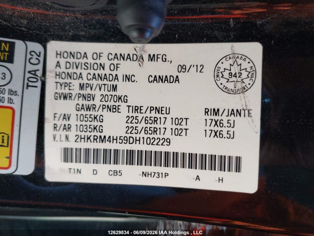 Продаж на аукціоні авто 2013 Honda Cr-v, vin: 2HKRM4H59DH102229, номер лоту: 12629834