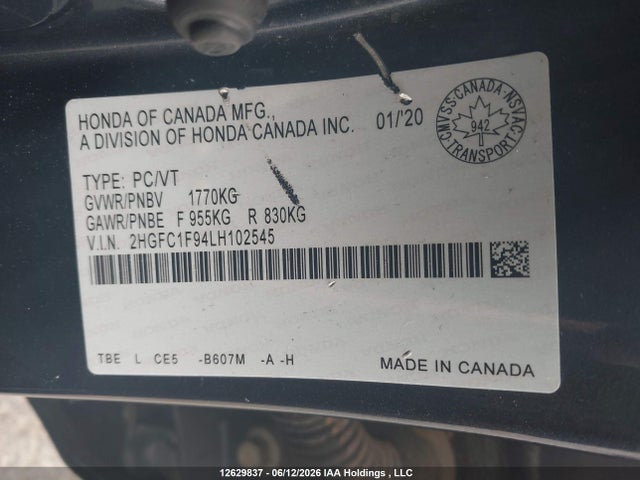 Продаж на аукціоні авто 2020 Honda Civic Touring, vin: 2HGFC1F94LH102545, номер лоту: 12629837