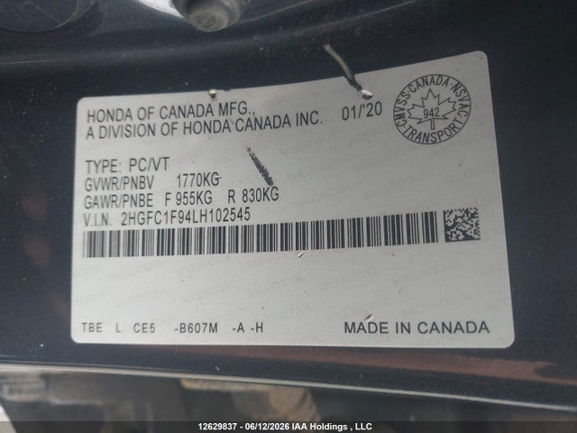 Продаж на аукціоні авто 2020 Honda Civic Touring, vin: 2HGFC1F94LH102545, номер лоту: 12629837