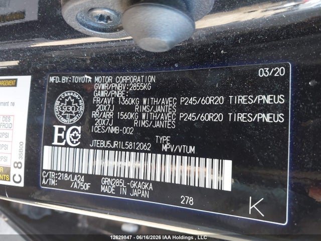 2020 Toyota 4runner Sr5/sr5 Premium/venture/limited/night Shade/trd Off Road/trd Off Road Premium/trd Pro მანქანა იყიდება აუქციონზე, vin: JTEBU5JR1L5812062, აუქციონის ნომერი: 12629847