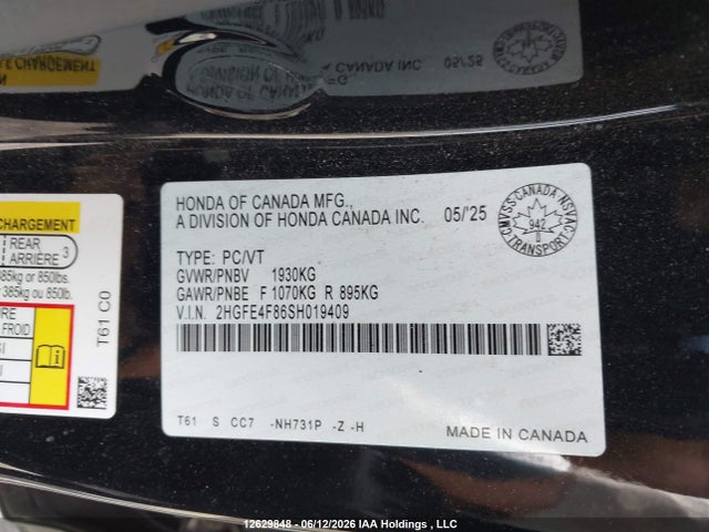 2025 Honda Civic Hybrid მანქანა იყიდება აუქციონზე, vin: 2HGFE4F86SH019409, აუქციონის ნომერი: 12629848