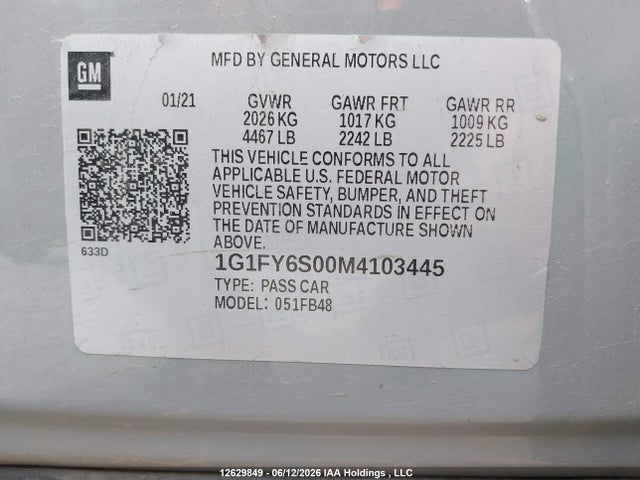 Продажа на аукционе авто 2021 Chevrolet Bolt Ev Lt, vin: 1G1FY6S00M4103445, номер лота: 12629849