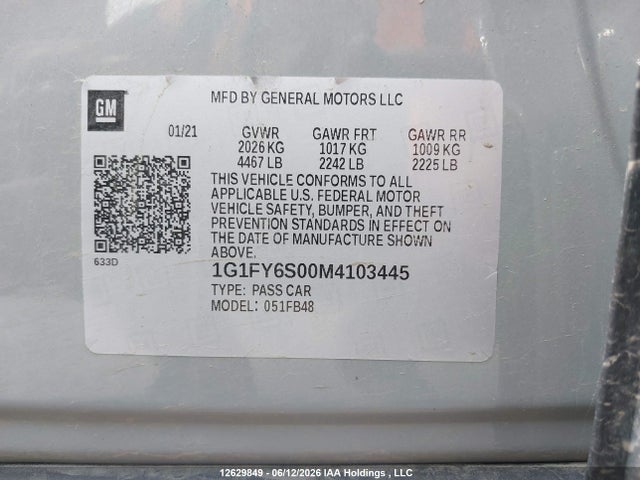 Продажа на аукционе авто 2021 Chevrolet Bolt Ev Lt, vin: 1G1FY6S00M4103445, номер лота: 12629849