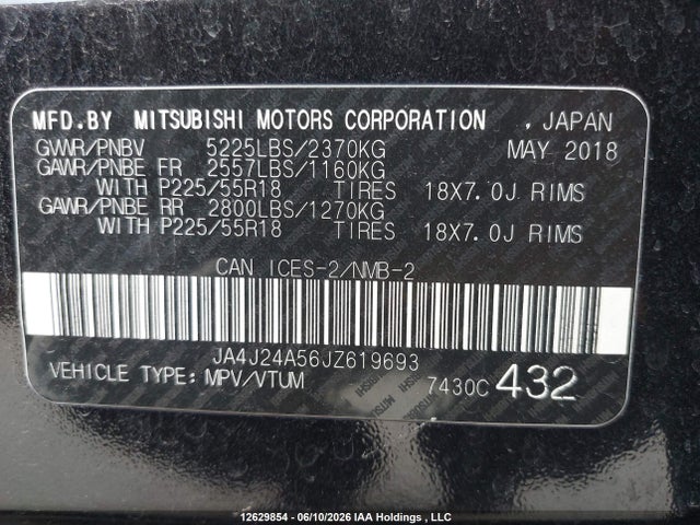 12629854 :رقم المزاد ، JA4J24A56JZ619693 vin ، 2018 Mitsubishi Outlander Phev مزاد بيع