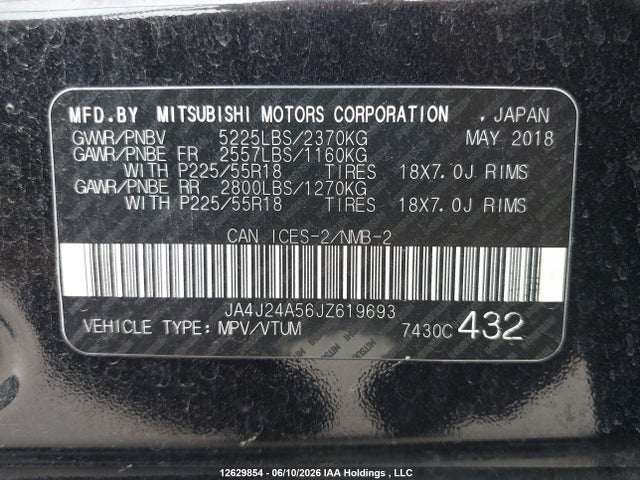 12629854 :رقم المزاد ، JA4J24A56JZ619693 vin ، 2018 Mitsubishi Outlander Phev مزاد بيع