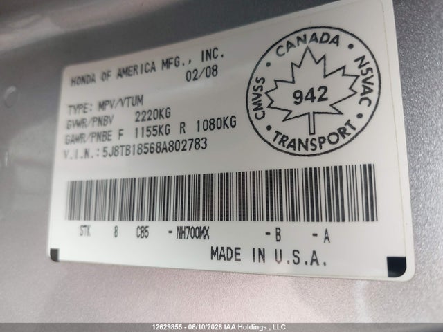 Продажа на аукционе авто 2008 Acura Rdx, vin: 5J8TB18568A802783, номер лота: 12629855