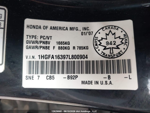 2007 Honda Civic Dx-g მანქანა იყიდება აუქციონზე, vin: 1HGFA16397L800904, აუქციონის ნომერი: 12629868