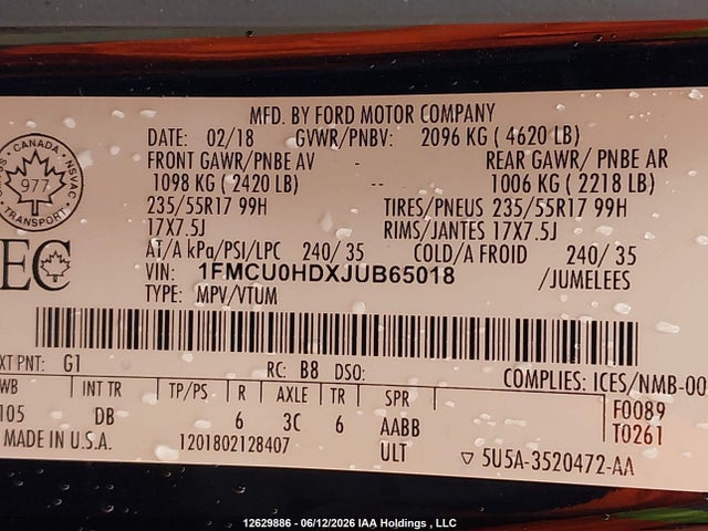 12629886 :رقم المزاد ، 1FMCU0HDXJUB65018 vin ، 2018 Ford Escape Sel مزاد بيع