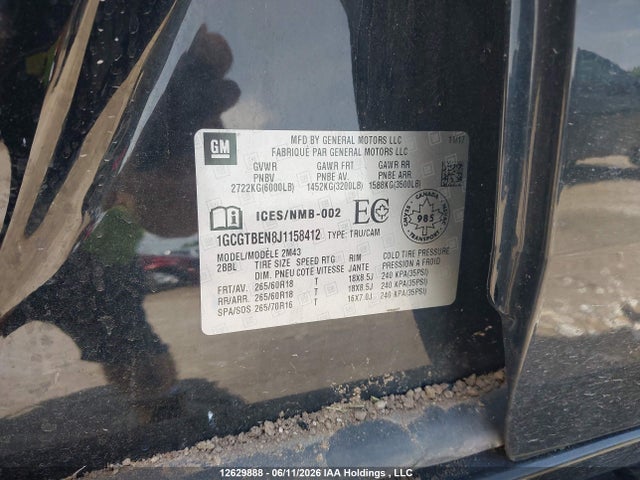 2018 Chevrolet Colorado 4wd Work Truck მანქანა იყიდება აუქციონზე, vin: 1GCGTBEN8J1158412, აუქციონის ნომერი: 12629888